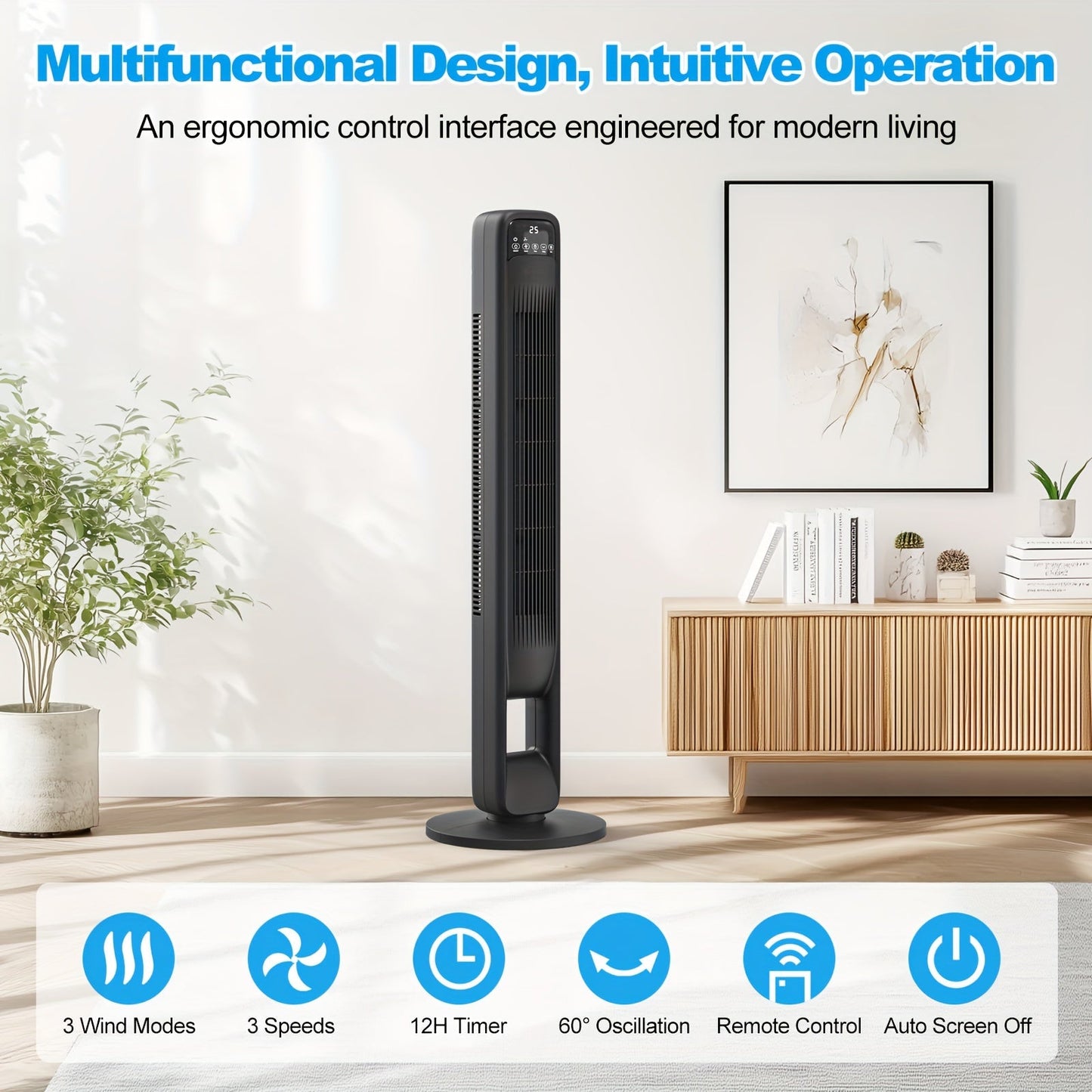 Bladeless Tower Fan — 12h Timer & 60° Oscillation, 3 Speeds 9