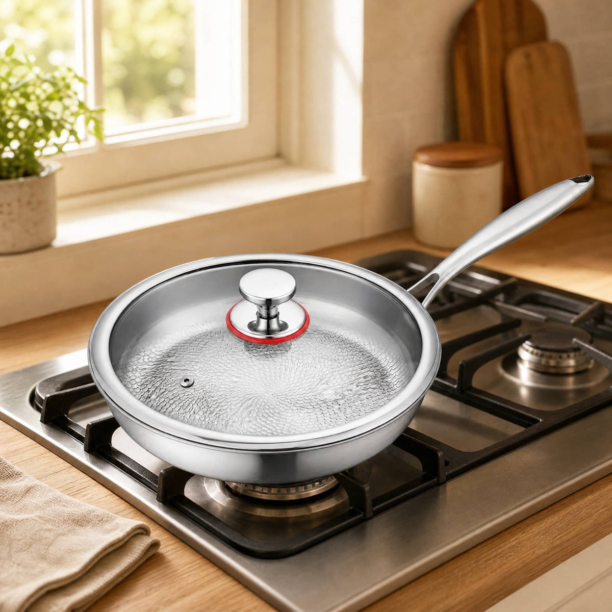 Hammered Titanium Alloy Frying Pan with Tempered Glass Lid 6