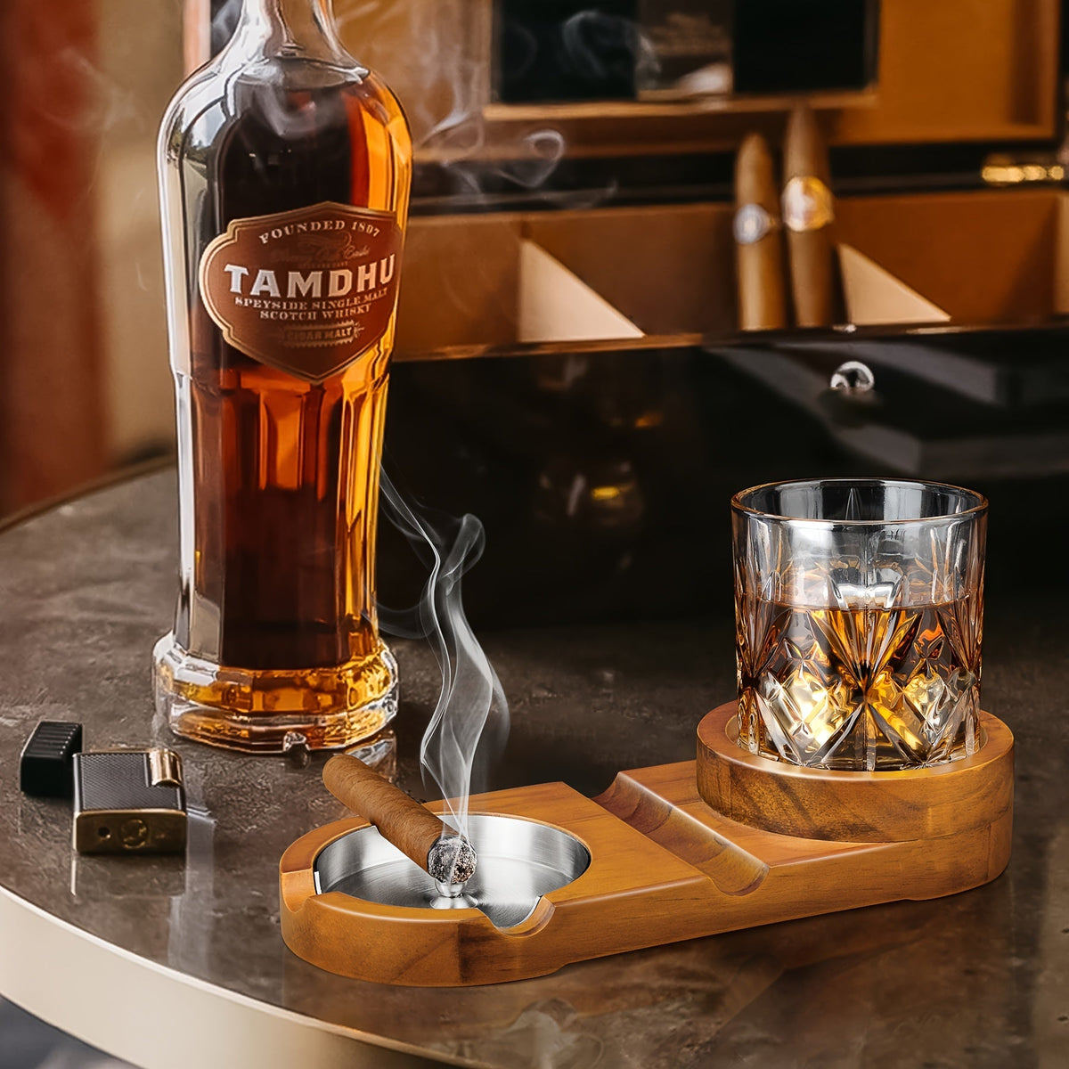 Cigar Ashtray with Whiskey Tray — Wooden Base & Steel 5