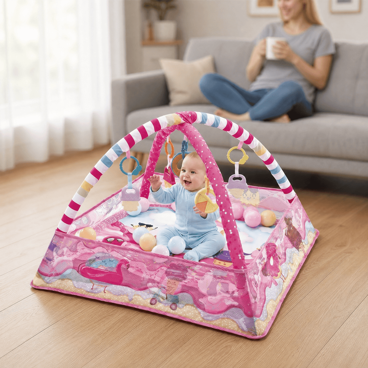 Baby Activity Gym with Ball Pit — 2-in-1 Play Mat & Hanging Toys 4