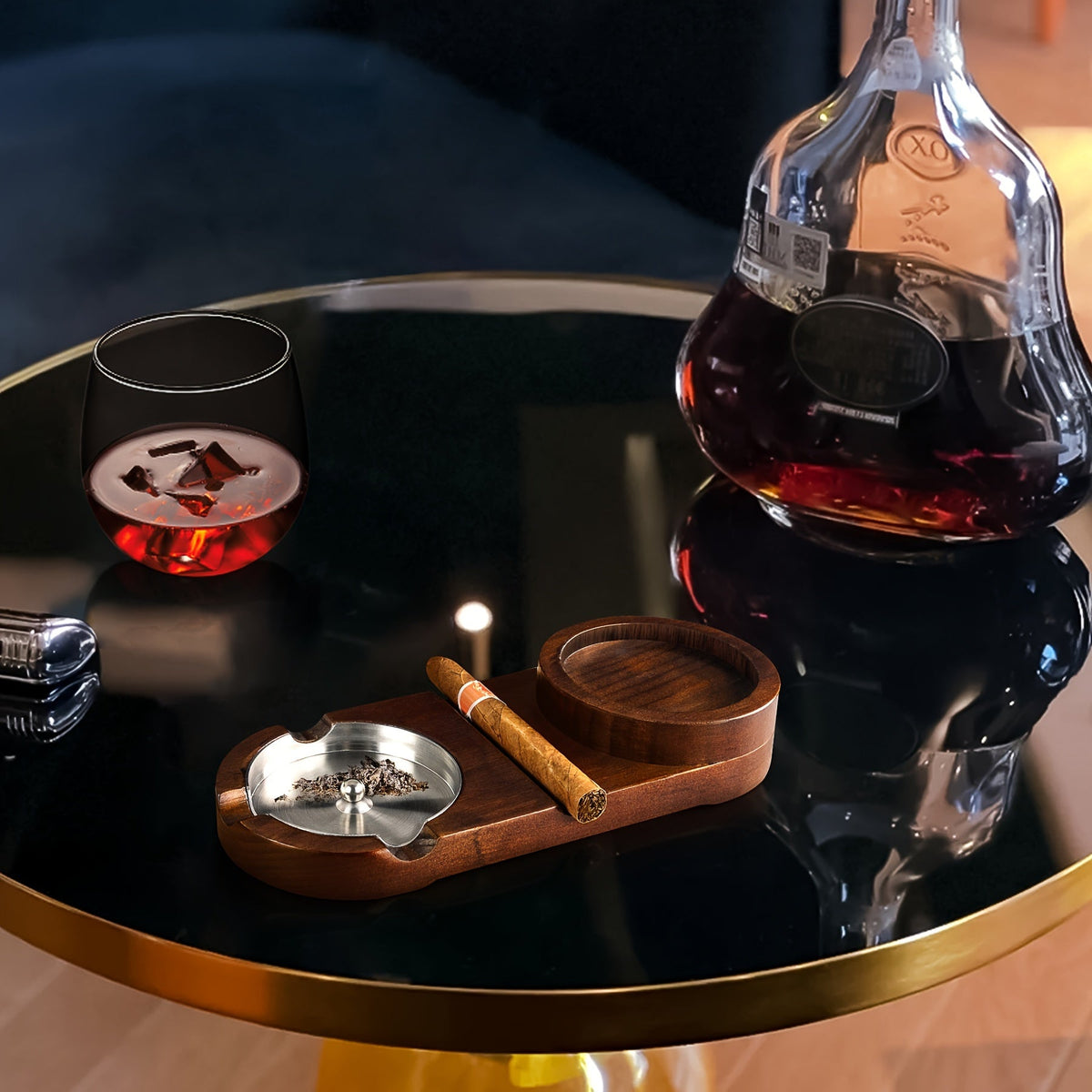 Cigar Ashtray with Whiskey Tray — Wooden Base & Steel 3
