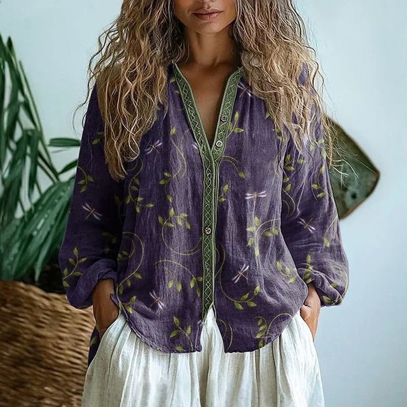 Blusa Donna Scollo a V Manica Lunga Stampa Boho