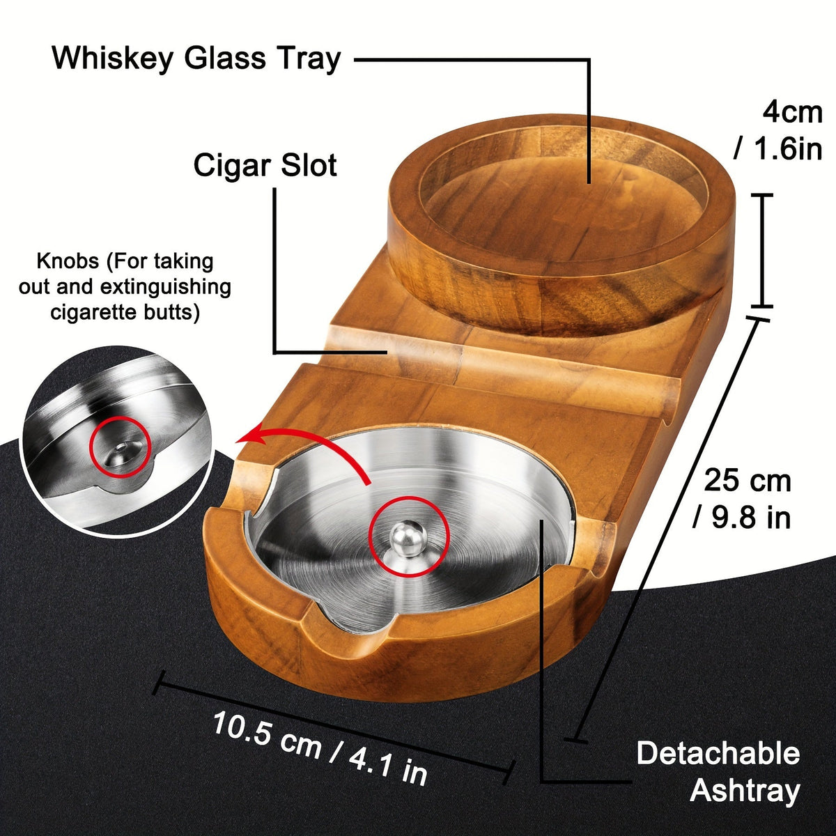Cigar Ashtray with Whiskey Tray — Wooden Base & Steel 4