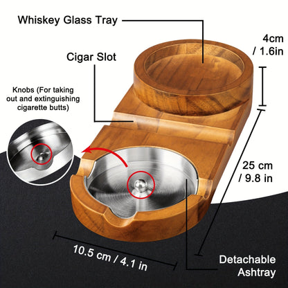 Cigar Ashtray with Whiskey Tray — Wooden Base & Steel 4