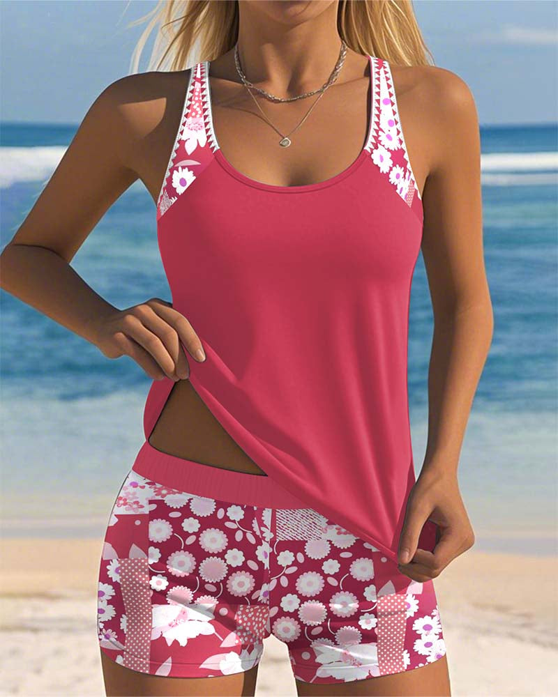 Costume da Bagno Due Pezzi Floreale con Pantaloncini Comfort