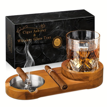 Cigar Ashtray with Whiskey Tray — Wooden Base & Steel 7