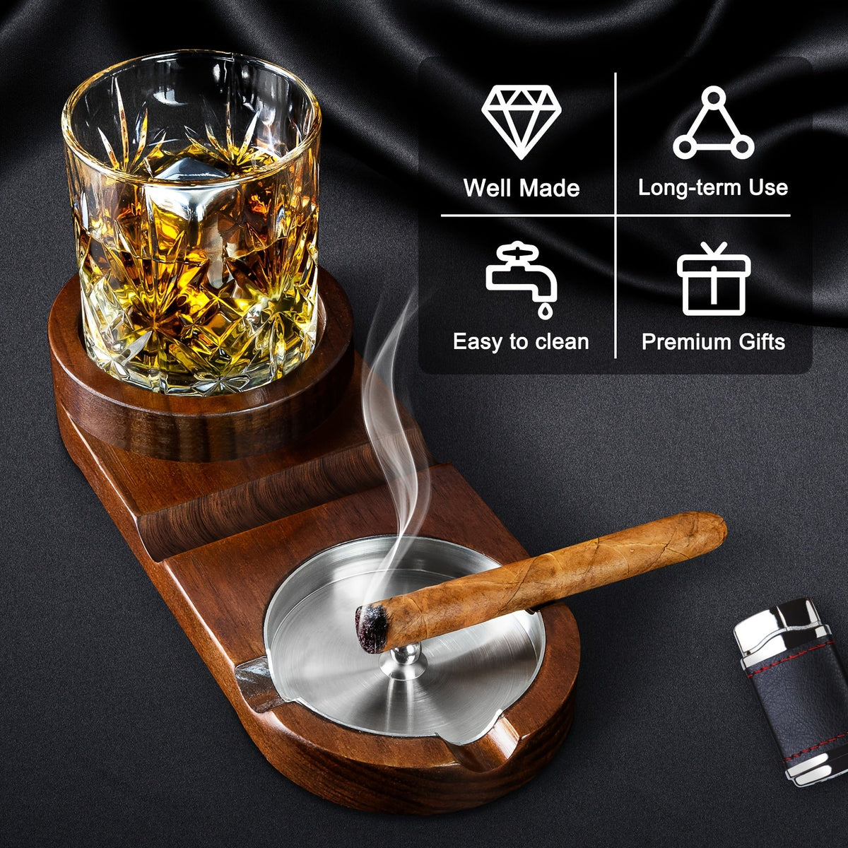 Cigar Ashtray with Whiskey Tray — Wooden Base & Steel 11