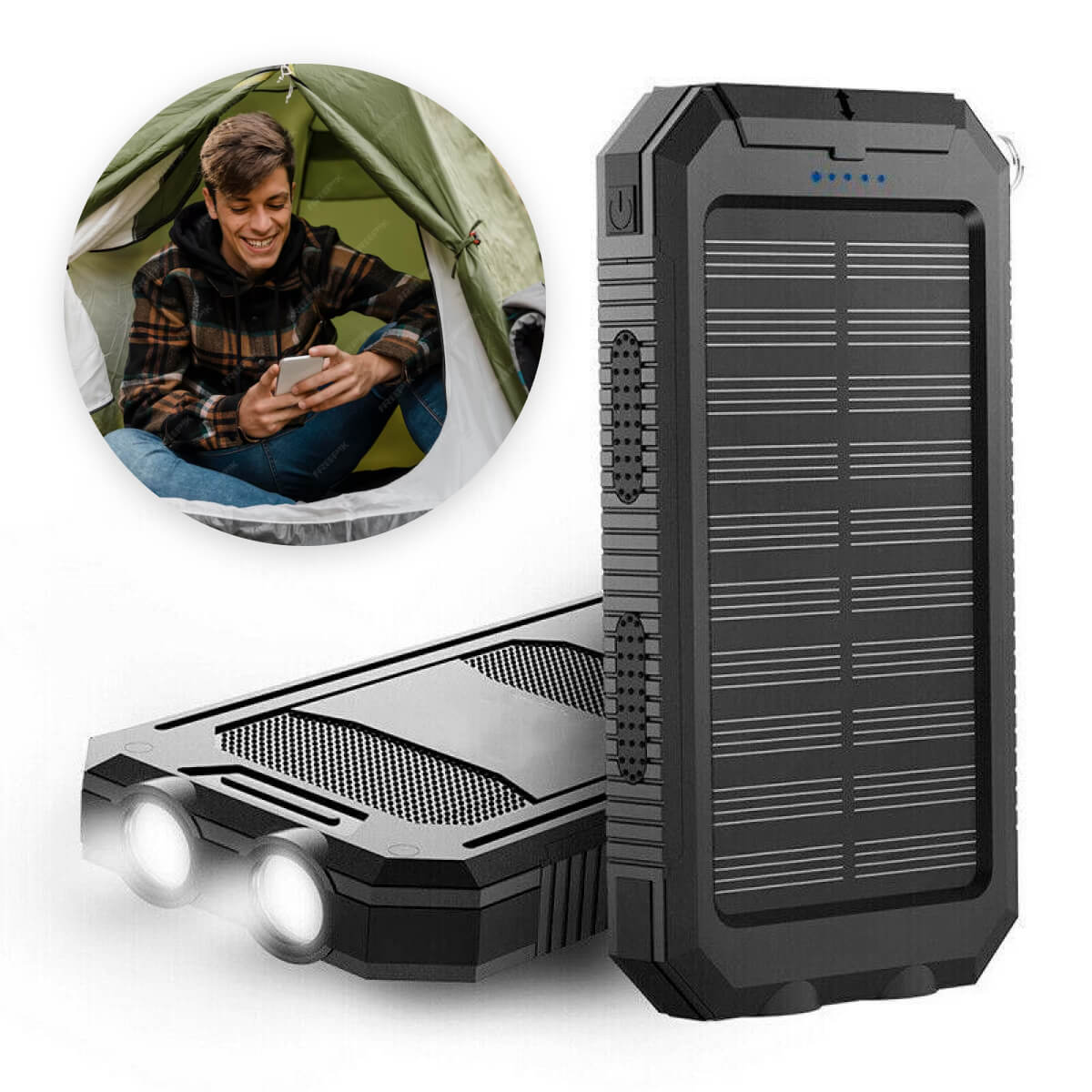 Power Bank Solare 20000mAh Impermeabile con Doppia USB e LED