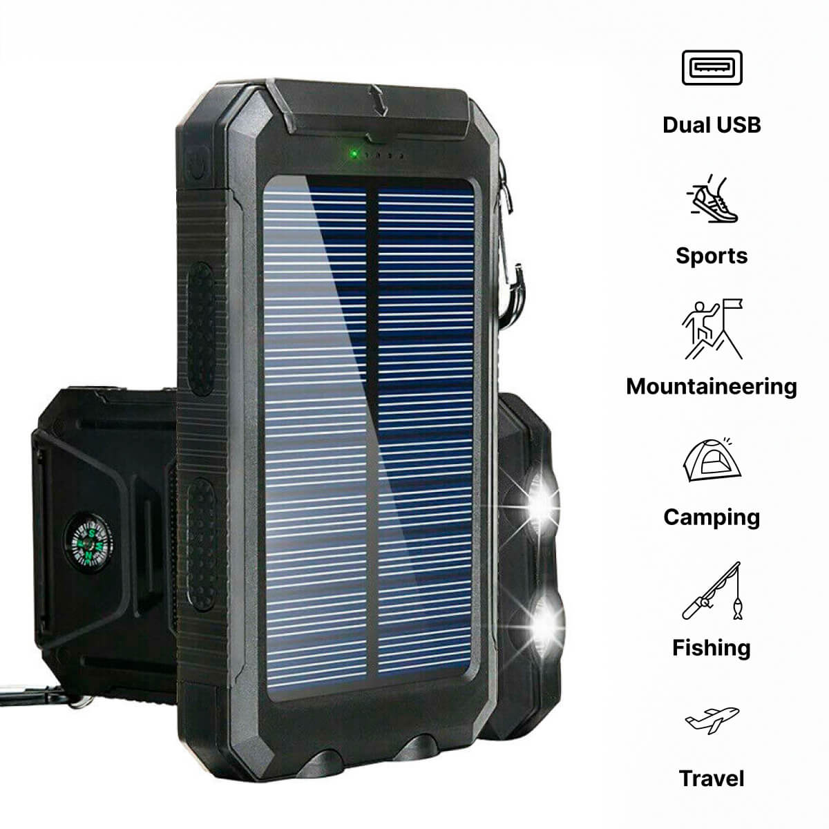 Power Bank Solare 20000mAh Impermeabile con Doppia USB e LED