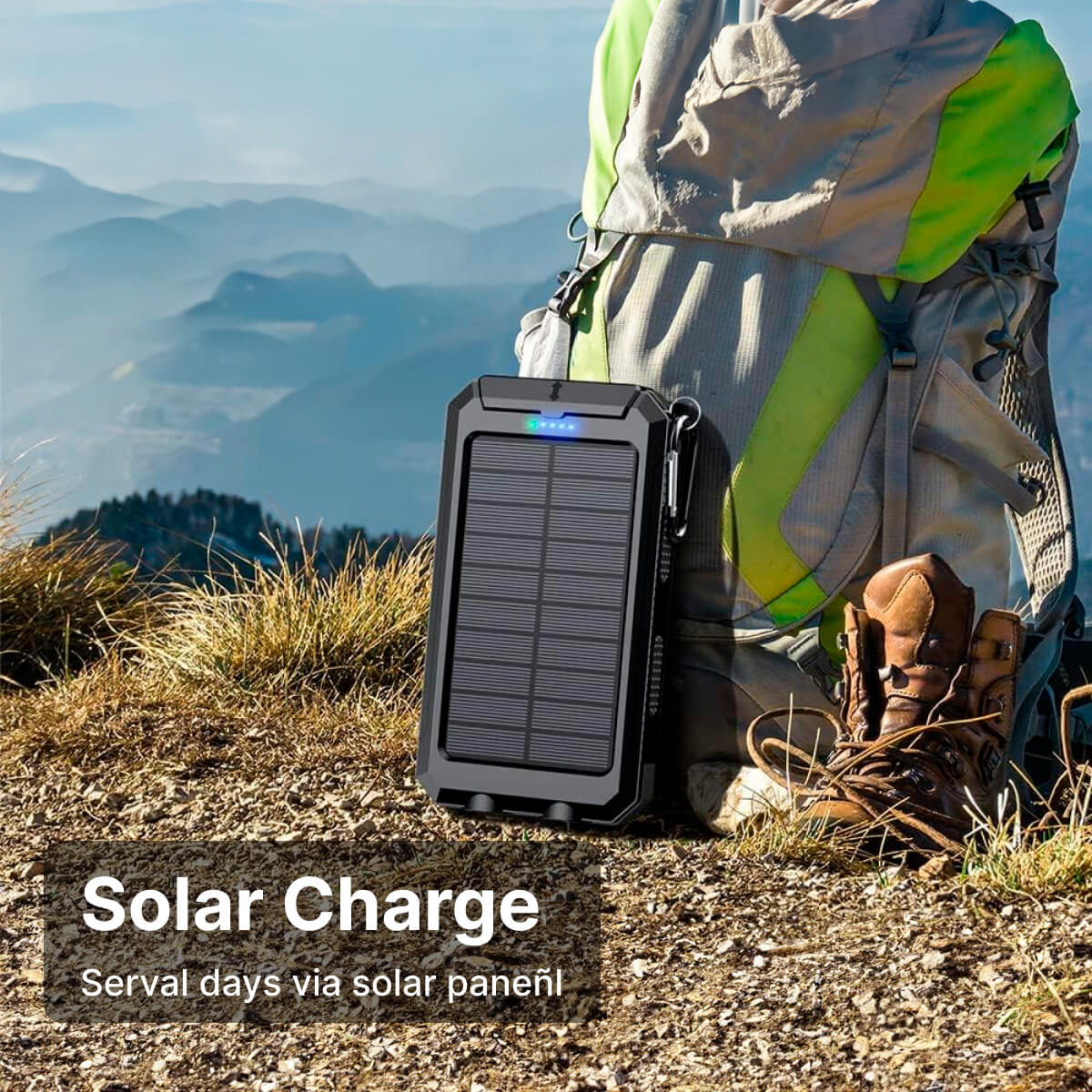 Power Bank Solare 20000mAh Impermeabile con Doppia USB e LED