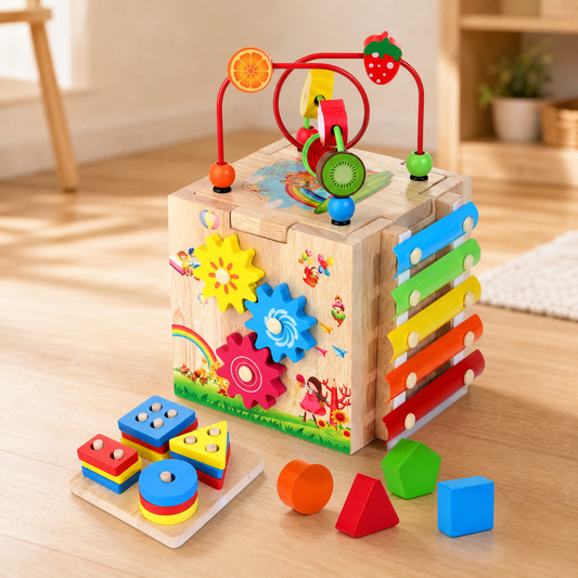 8-in-1 Montessori Activity Cube in Natural Wood — Kids 18m+ 1