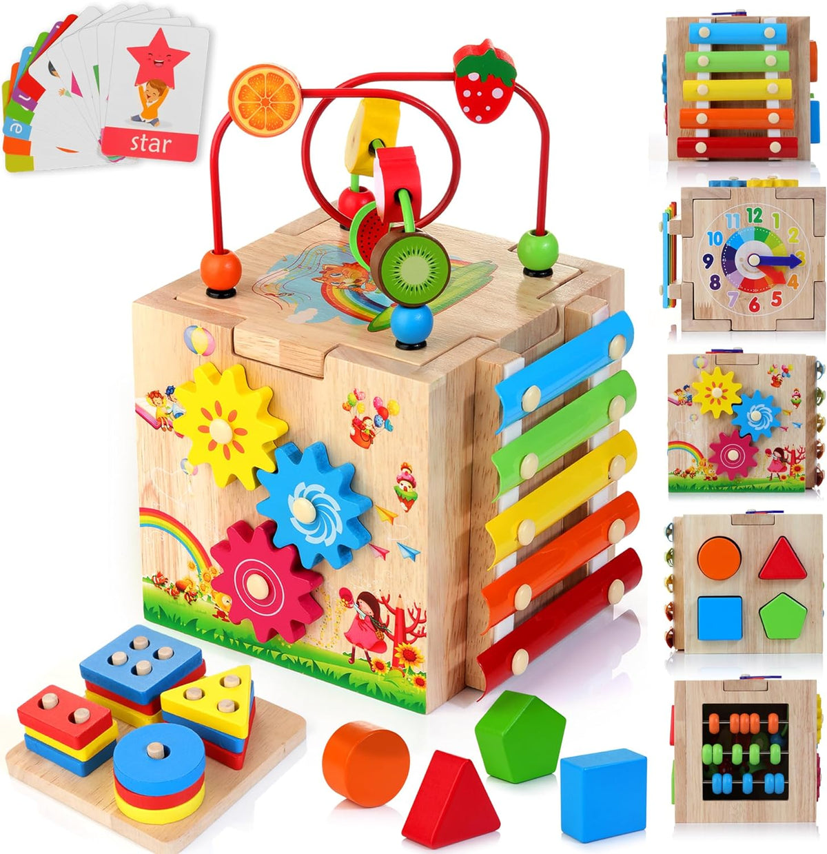 8-in-1 Montessori Activity Cube in Natural Wood — Kids 18m+ 2