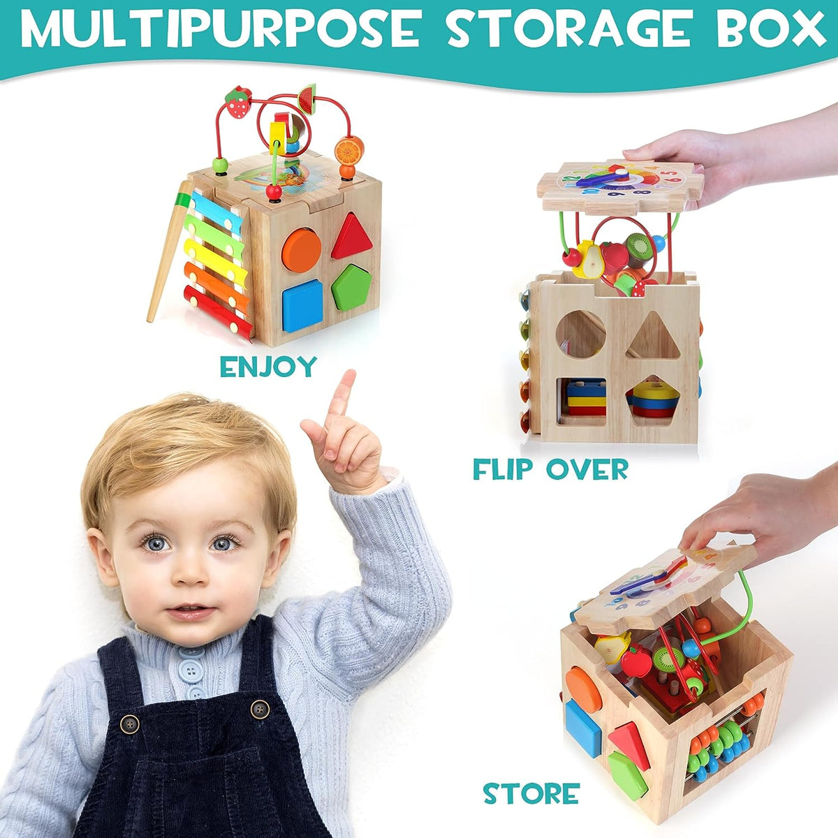 8-in-1 Montessori Activity Cube in Natural Wood — Kids 18m+ 4