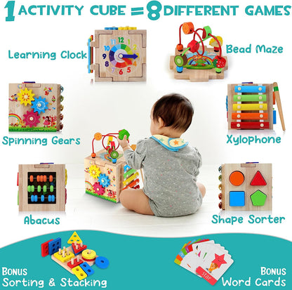 8-in-1 Montessori Activity Cube in Natural Wood — Kids 18m+ 3