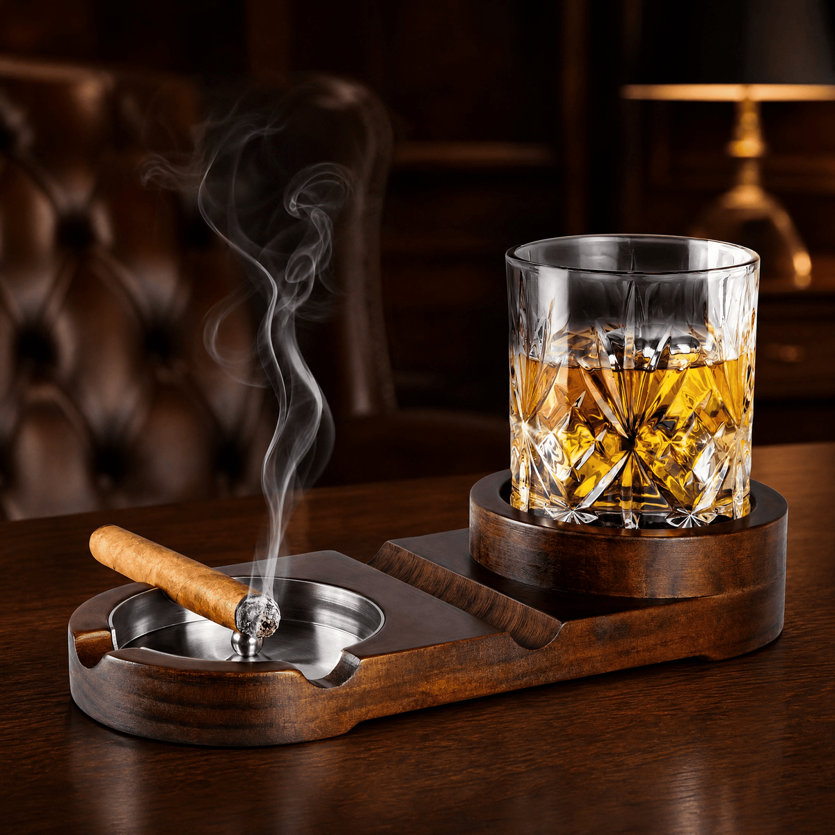 Cigar Ashtray with Whiskey Tray — Wooden Base & Steel 1