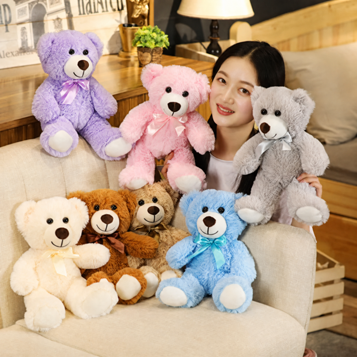 Teddy Bear & Dog Plush Toy with Satin Bow — 25-30 cm Soft 4