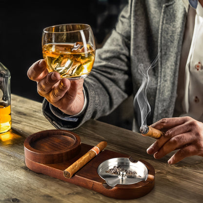 Cigar Ashtray with Whiskey Tray — Wooden Base & Steel 9