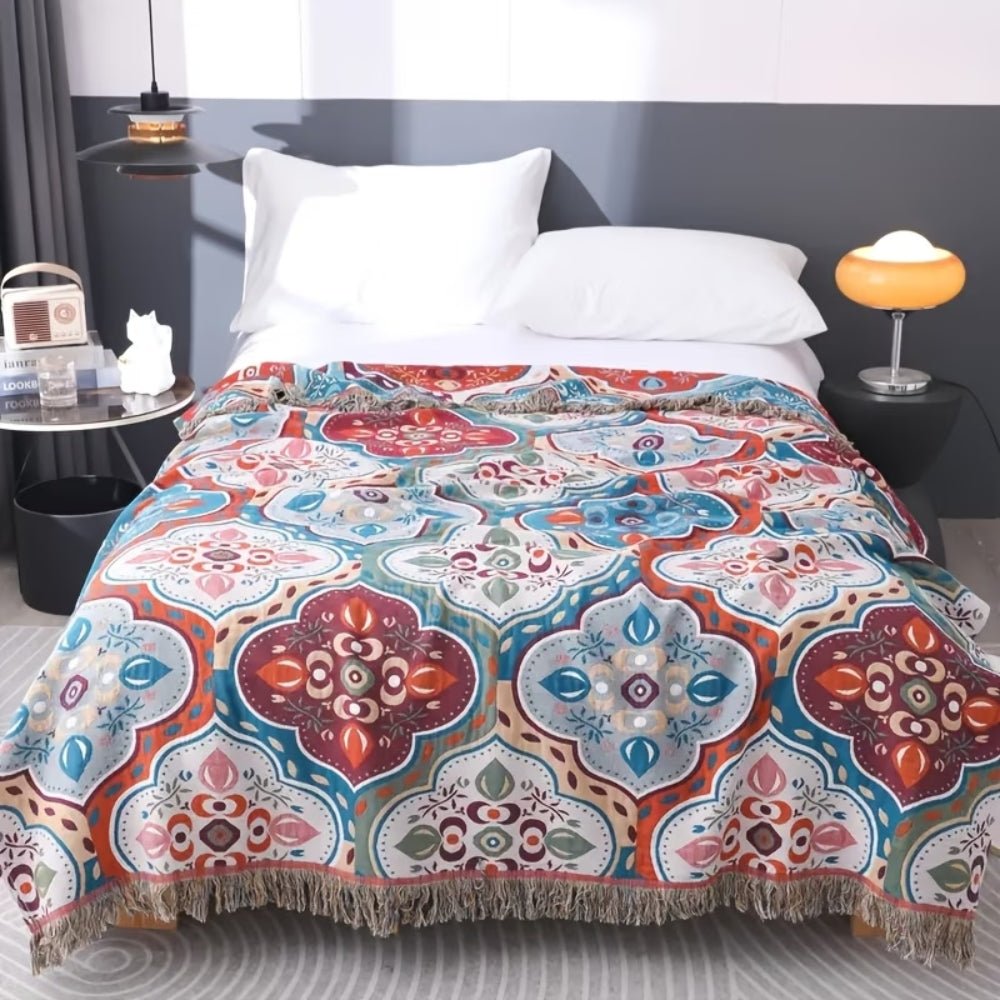 Cotton Mosaic Throw Blanket with Fringe — Reversible 5