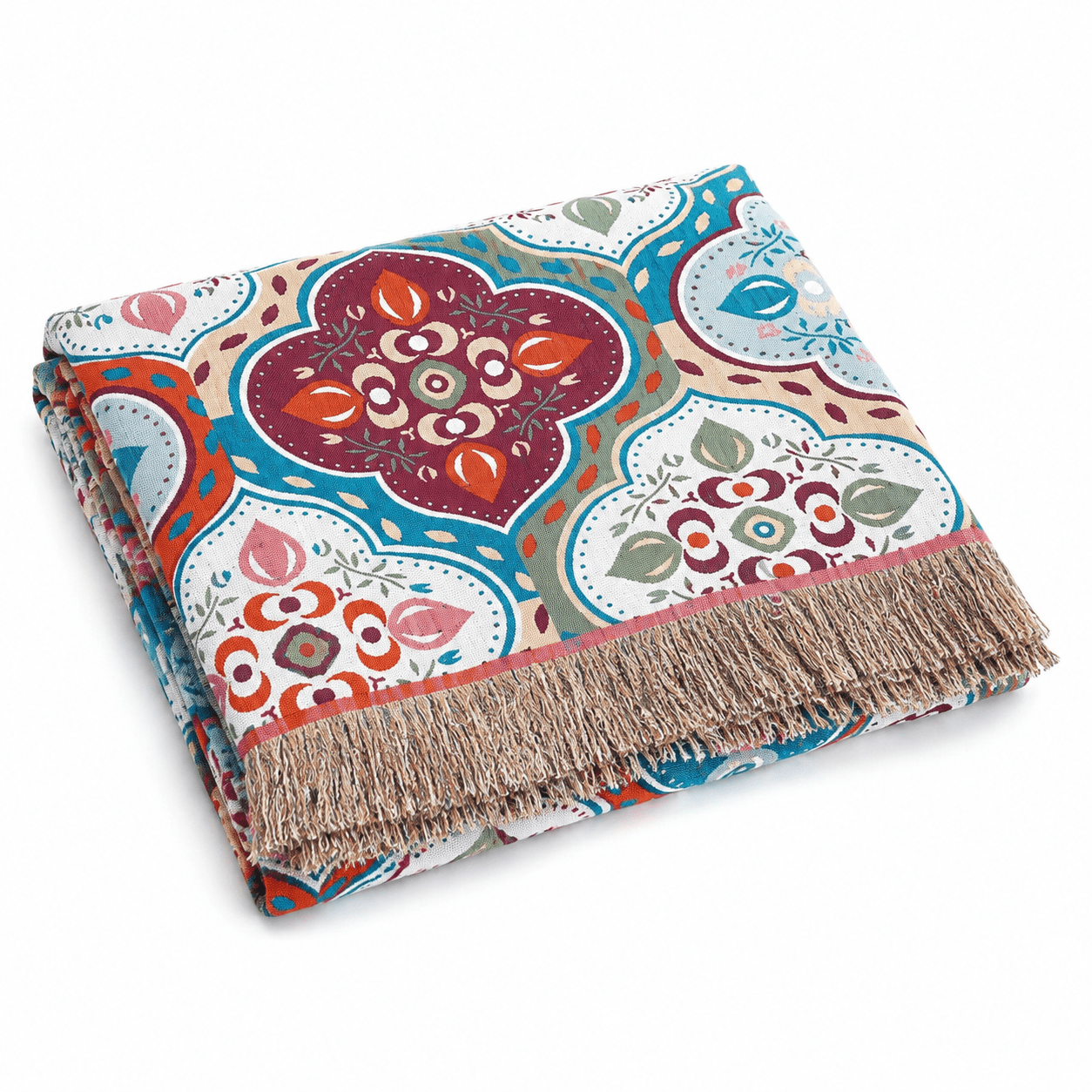 Cotton Mosaic Throw Blanket with Fringe — Reversible 1