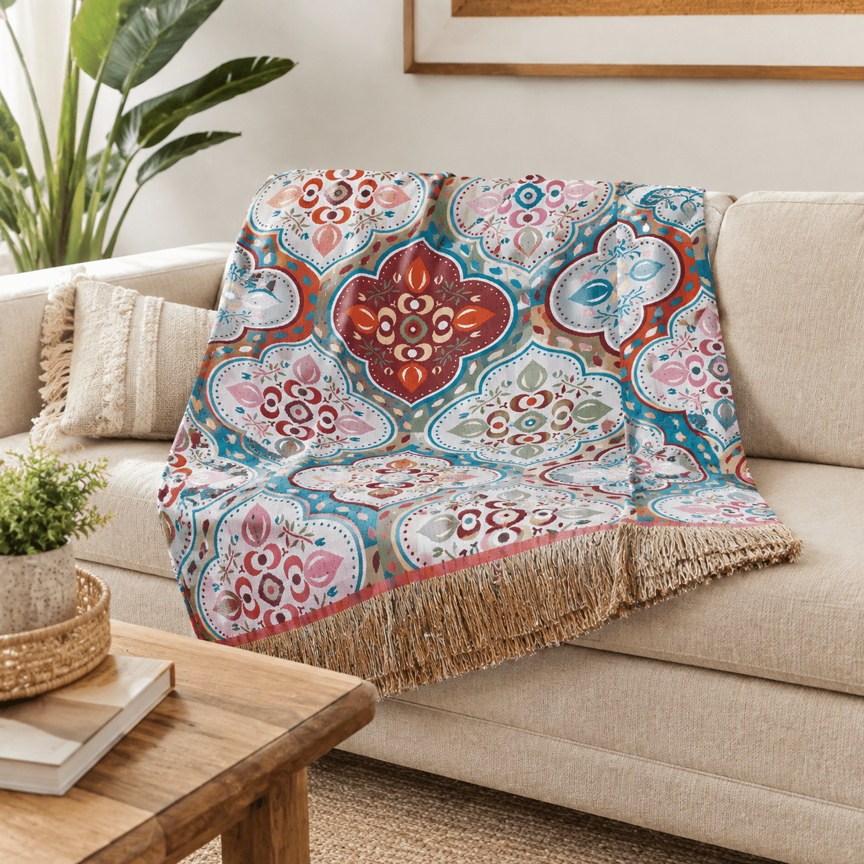 Cotton Mosaic Throw Blanket with Fringe — Reversible 2