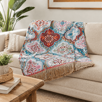 Cotton Mosaic Throw Blanket with Fringe — Reversible 2