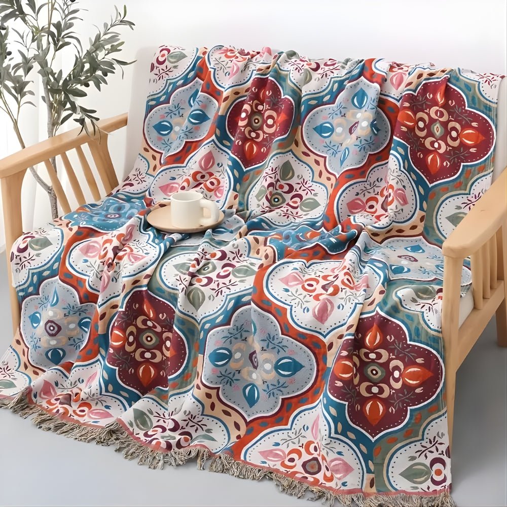 Cotton Mosaic Throw Blanket with Fringe — Reversible 3