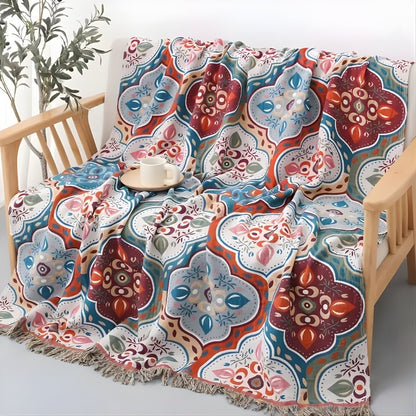 Cotton Mosaic Throw Blanket with Fringe — Reversible 3