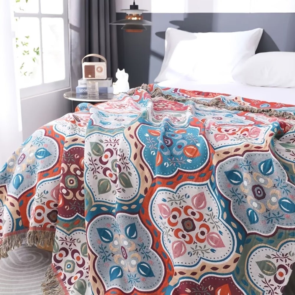 Cotton Mosaic Throw Blanket with Fringe — Reversible 4