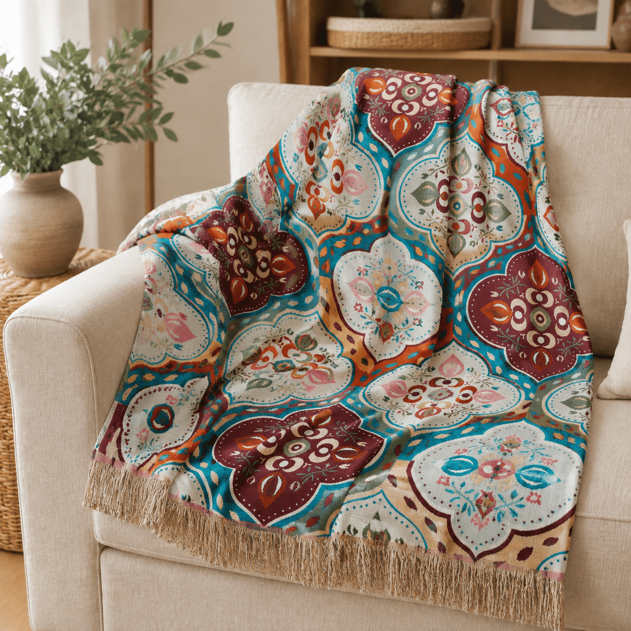 Cotton Mosaic Throw Blanket with Fringe — Reversible 7