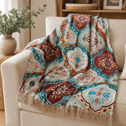Cotton Mosaic Throw Blanket with Fringe — Reversible 7