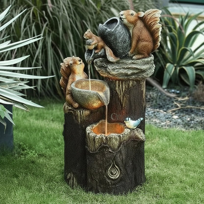 Fontana Solare da Giardino con Anatra e Scoiattolo