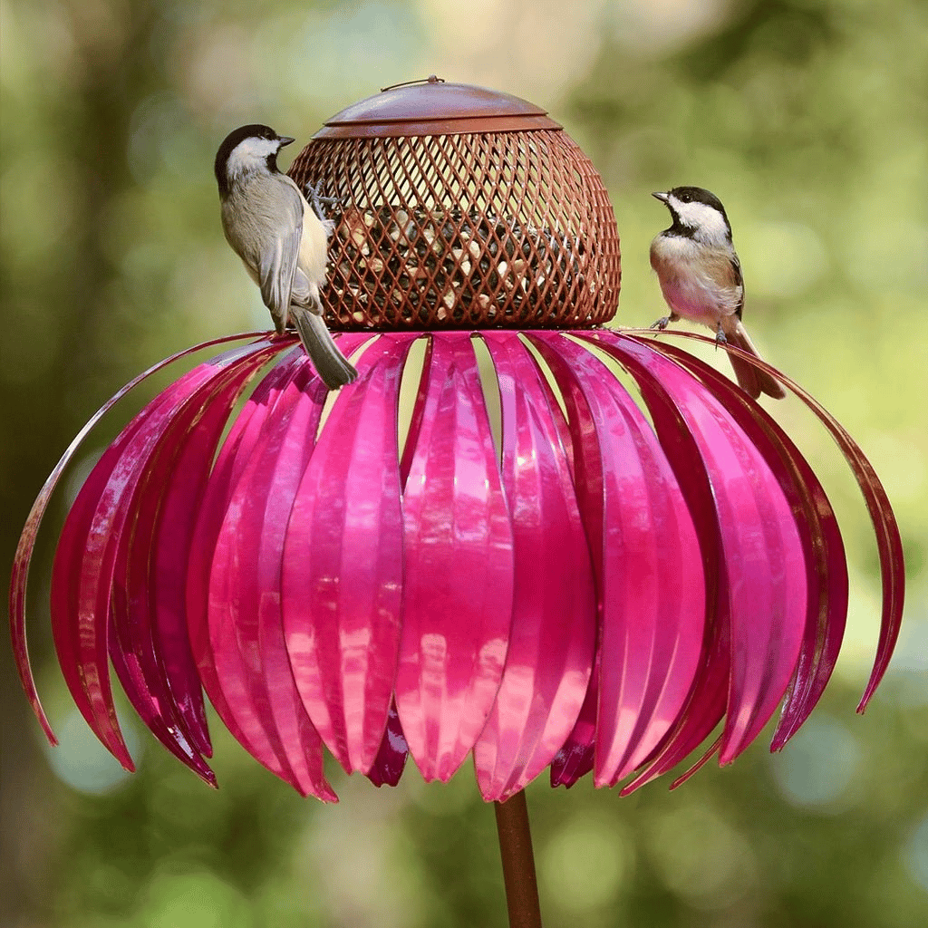 Mangiatoia per Uccelli in Metallo Design Girasole con Petali Rosa