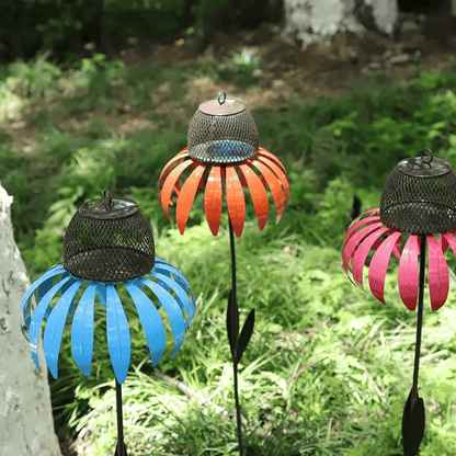 Mangiatoia per Uccelli in Metallo Design Girasole con Petali Rosa
