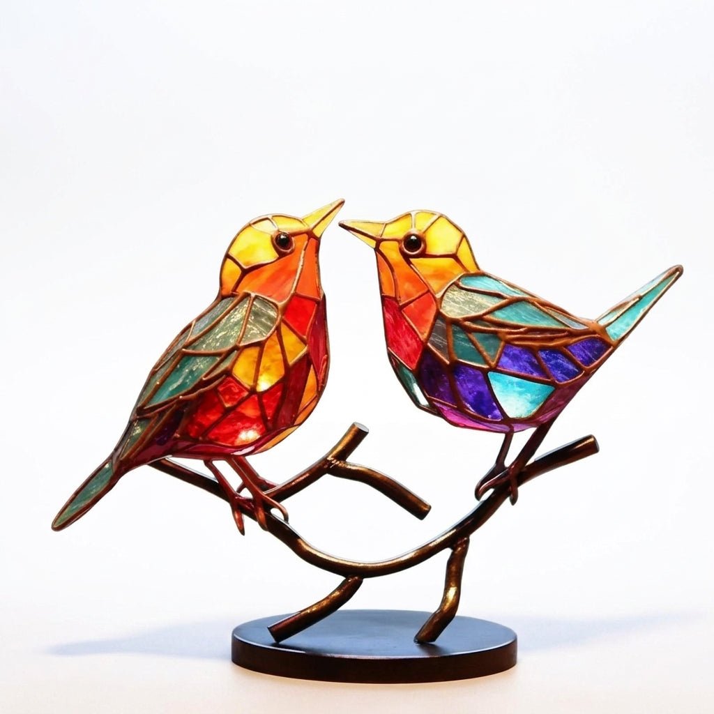 Ornamenti da Scrivania Uccelli su Ramo in Vetro Colorato