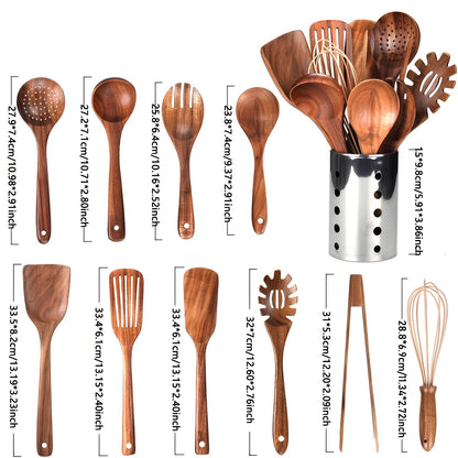 11-Piece Teak Kitchen Utensil Set with Holder — Natural Wood 5