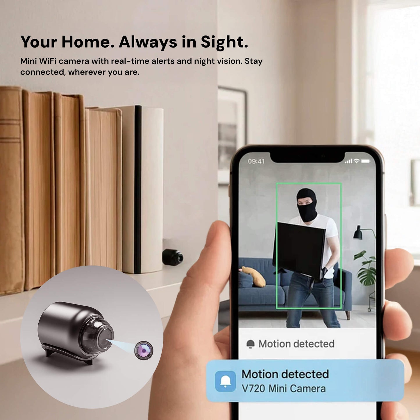Mini Beveiligingscamera WiFi HD 1080P met Nachtzicht en Bewegingsmeldingen