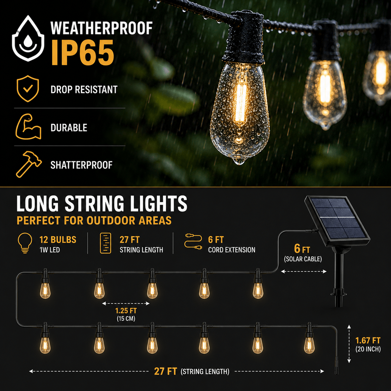 CampGlow VintageLights — Luci Solari Stringa LED Vintage Esterno IP65