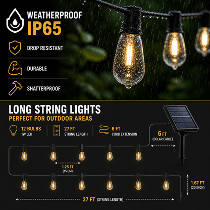 CampGlow VintageLights — Luci Solari Stringa LED Vintage Esterno IP65