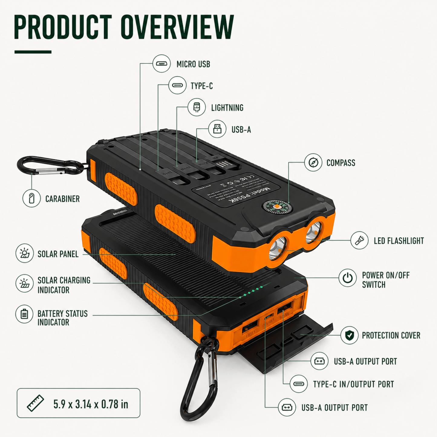 Norcharge Go Pack - Power Bank Solare 20000mAh con Torcia LED