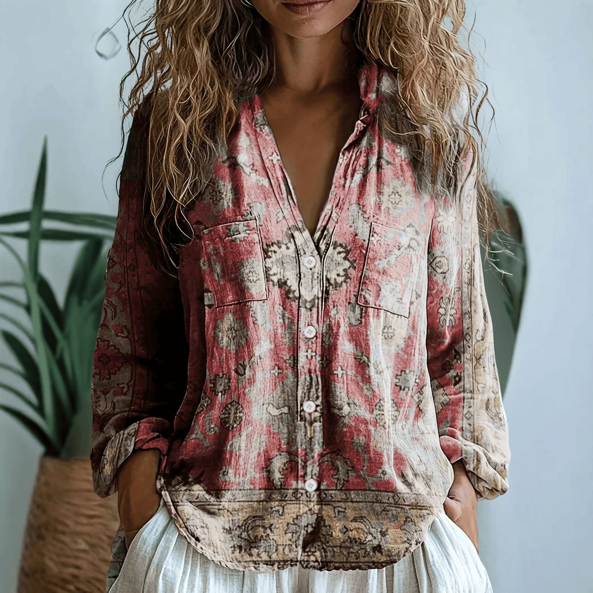 Blusa Donna Scollo a V Manica Lunga Stampa Boho