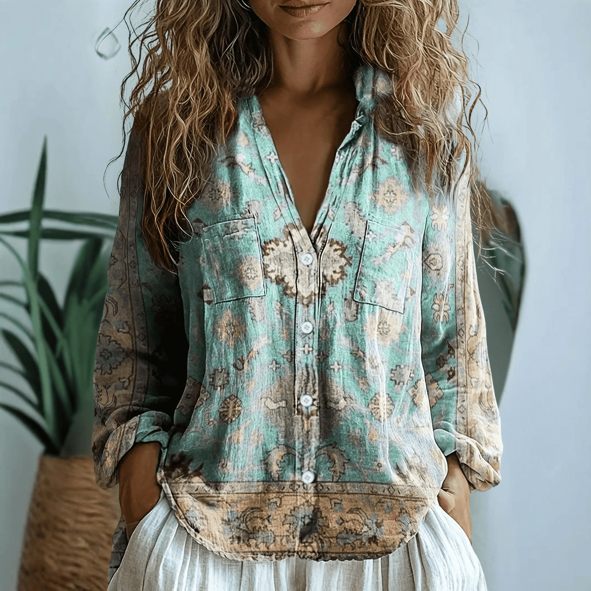 Blusa Donna Scollo a V Manica Lunga Stampa Boho