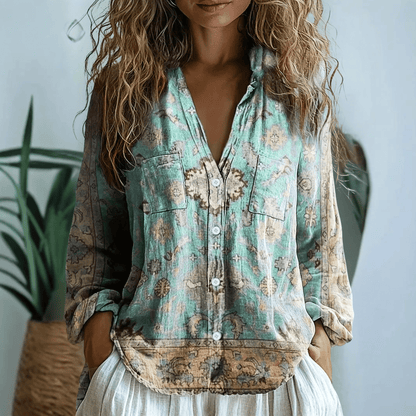 Blusa Donna Scollo a V Manica Lunga Stampa Boho