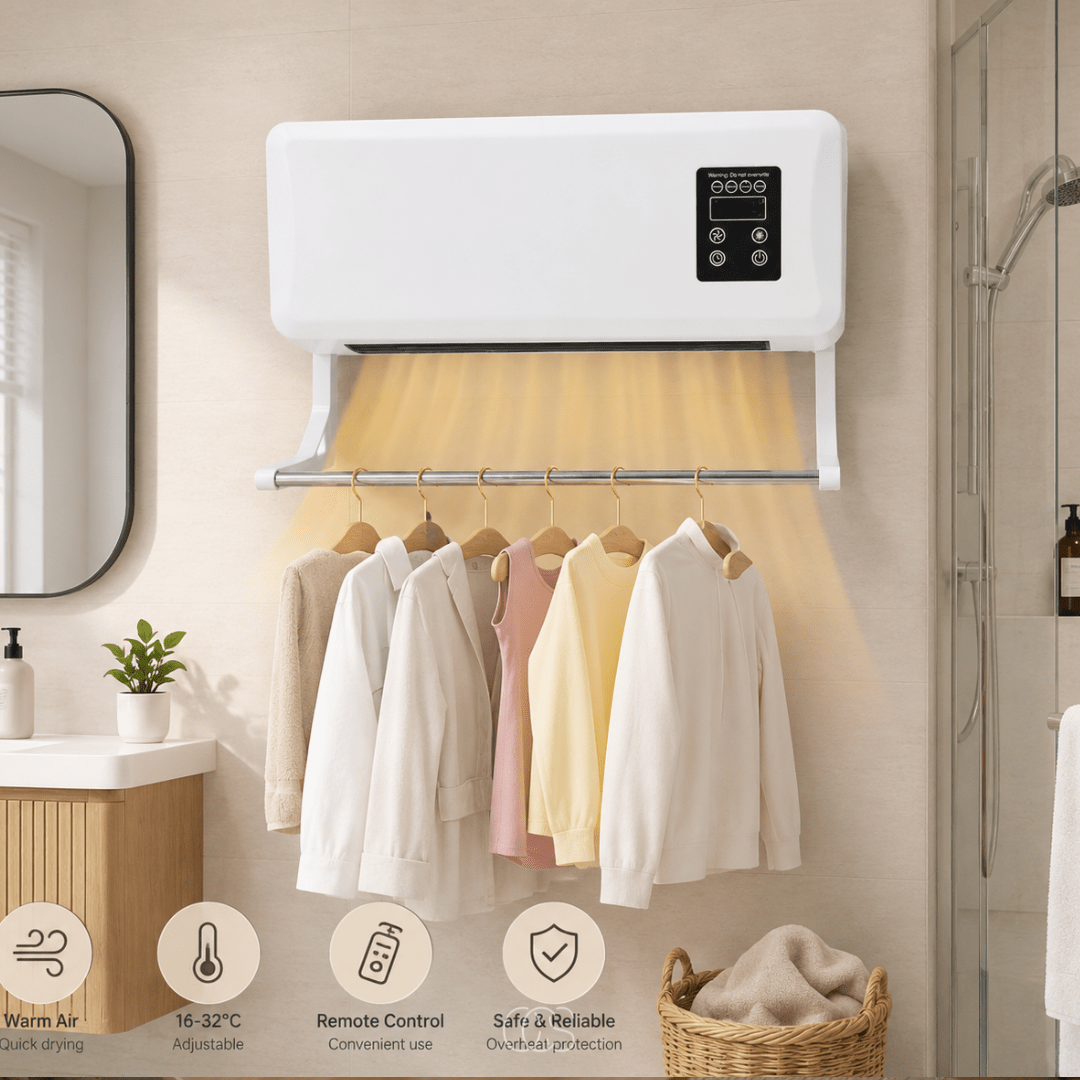 Wall-Mounted Heater Fan with Drying Rack — 1500W Remote Control 5
