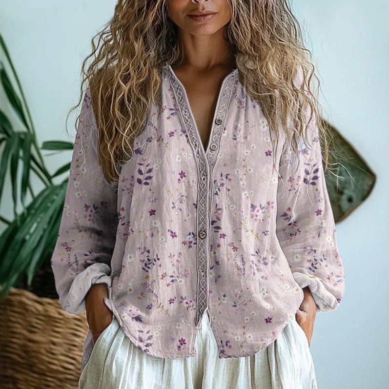 Blusa Donna Scollo a V Manica Lunga Stampa Boho