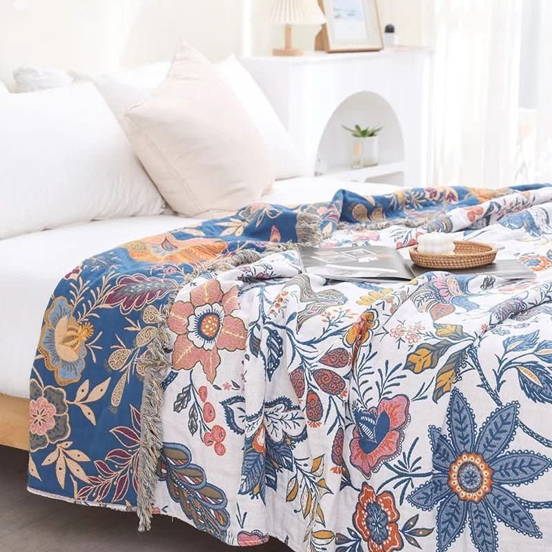 Reversible Cotton Floral Throw Blanket — Rustic Jacquard 200x230cm 1