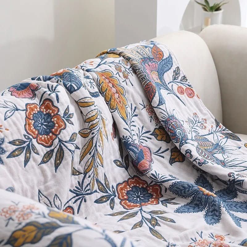 Reversible Cotton Floral Throw Blanket — Rustic Jacquard 200x230cm 2