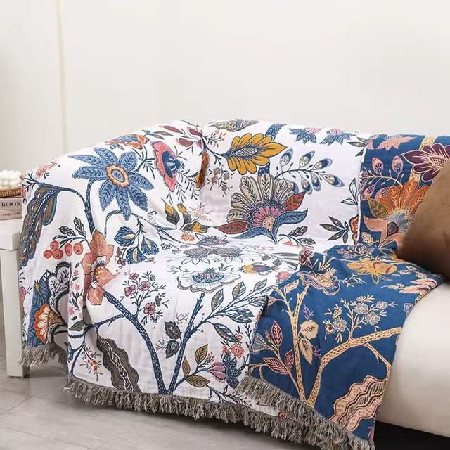 Reversible Cotton Floral Throw Blanket — Rustic Jacquard 200x230cm 3