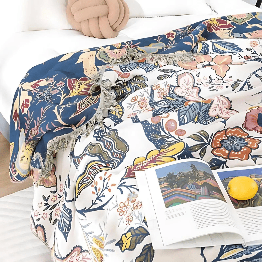 Reversible Cotton Floral Throw Blanket — Rustic Jacquard 200x230cm 6