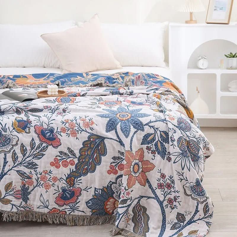 Reversible Cotton Floral Throw Blanket — Rustic Jacquard 200x230cm 8