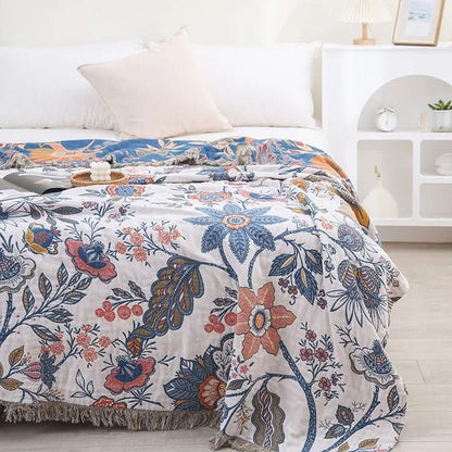 Reversible Cotton Floral Throw Blanket — Rustic Jacquard 200x230cm 8